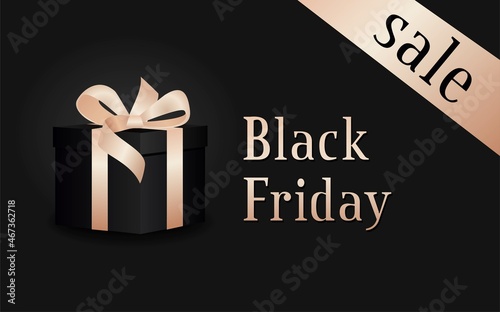 Black Friday sale banner with dark background and black gift box. Vector illustration.