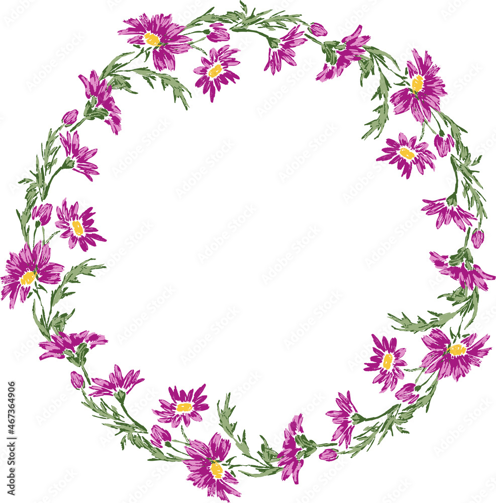 Vector drawn wreath from pink garden daisies with buds and leaves
