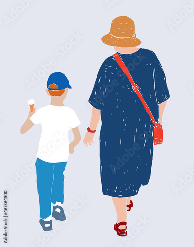 Vector drawing of little boy with ice cream and his grandmother walking along street on summer day together