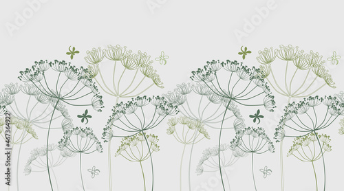 Vector seamless border from silhouettes umbrella flowers and flying dragonflies
