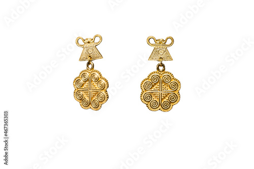 Gold Hmong traditional earrings isolated on white background