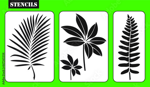 Stencils. Set of tropical leaves. Stencil of fern leaf, leaf of palm, frond leaf. Laser cutting template pattern for decorative panel. Die cut tropical panel. Vector silhouette.