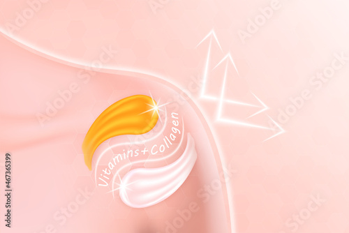 Cream or body lotion collagen pink solution serum and vitamin C orange on woman's shoulder. Natural cosmetics smudge lotion for face or body. Hyaluronic acid skin care ad. 3D Realistic Vector EPS10.