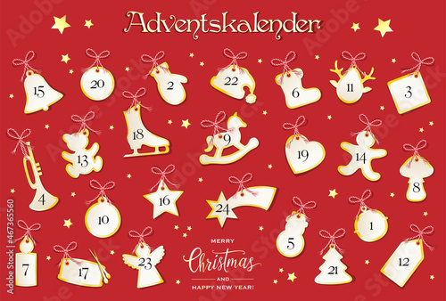 Advent Kalender mit 24 Weihnachtliche Motiv Karten,
Tradition in der Adventszeit,
Vektor Illustration auf rotem Hintergrund
