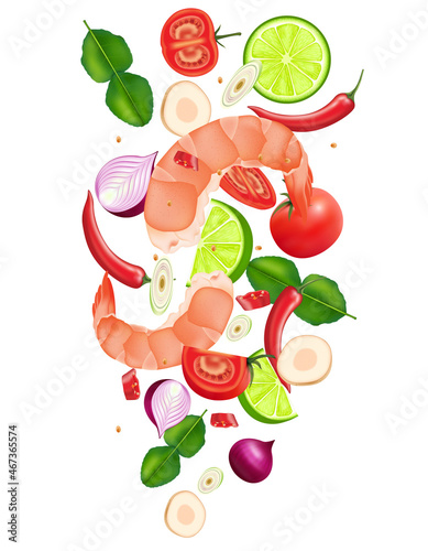 Spices for making thai tom yum shrimp flying. Traditional thai food. Pieces element in the middle on white background. Realistic 3D vector illustration.