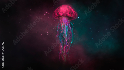 Photo Abstract fantasy neon jellyfish on a black background