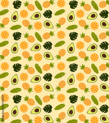 Tropical fruits pattern: orange, pineapple, avocado and tropical leaves on a light orange background. Seamless pattern, background, wallpaper