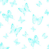 Seamless botanical summer pattern with teal blue watercolor butterflies