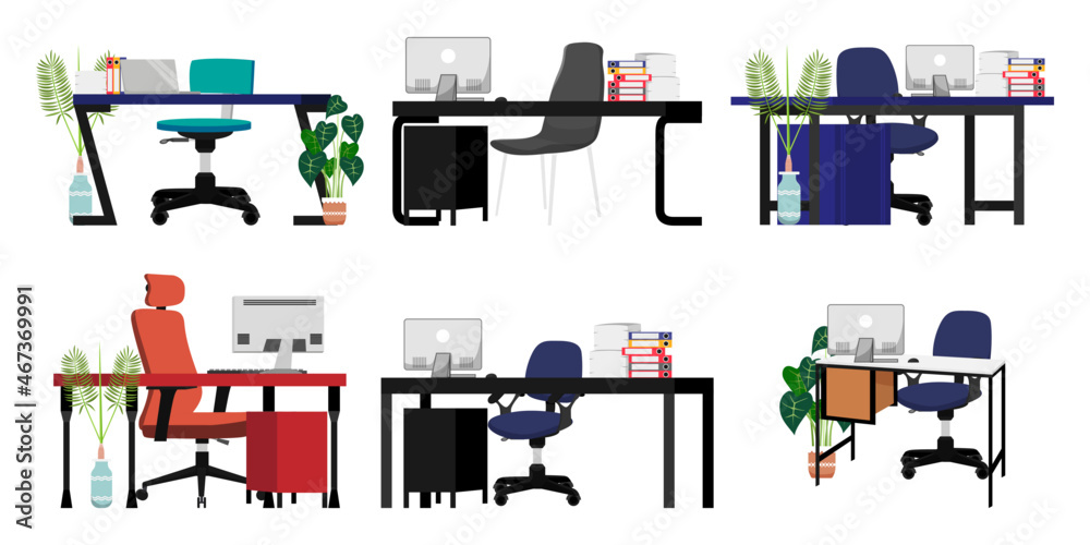 Beautiful desk set for home office freelancer with different design with chair table some paper pile file folder and house plants Beautiful desk set for home office freelancer with different design with chair table some paper pile file folder and house plants