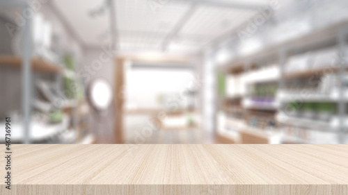 Wood grain desk on a shop blur background,mock up,3d rendering