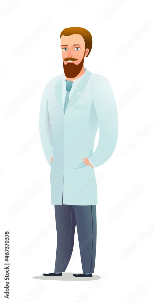 Optimistic doctor in dressing gown. Cheerful persons in standing pose. Cartoon comic style flat design. Separate character. Illustration isolated on white background. Vector Optimistic doctor in dressing gown. Cheerful persons in standing pose. Cartoon comic style flat design. Separate character. Illustration isolated on white background. Vector