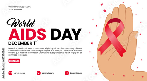 World aids day banner with a hand presents a red ribbon