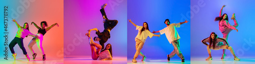 Collage of talented young hip-hop dancers in motion isolated over multicolored background in neon lights