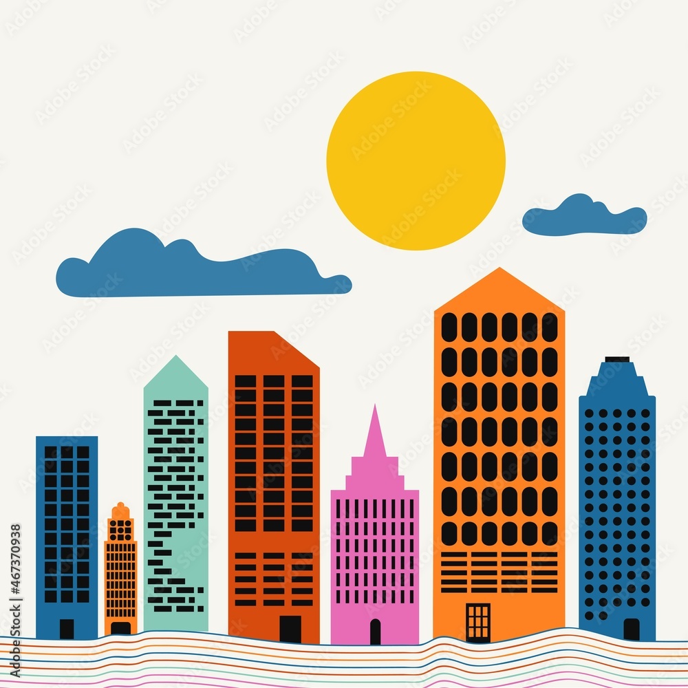 Vector illustration of city buildings, sun and clouds. Colored graphic print design