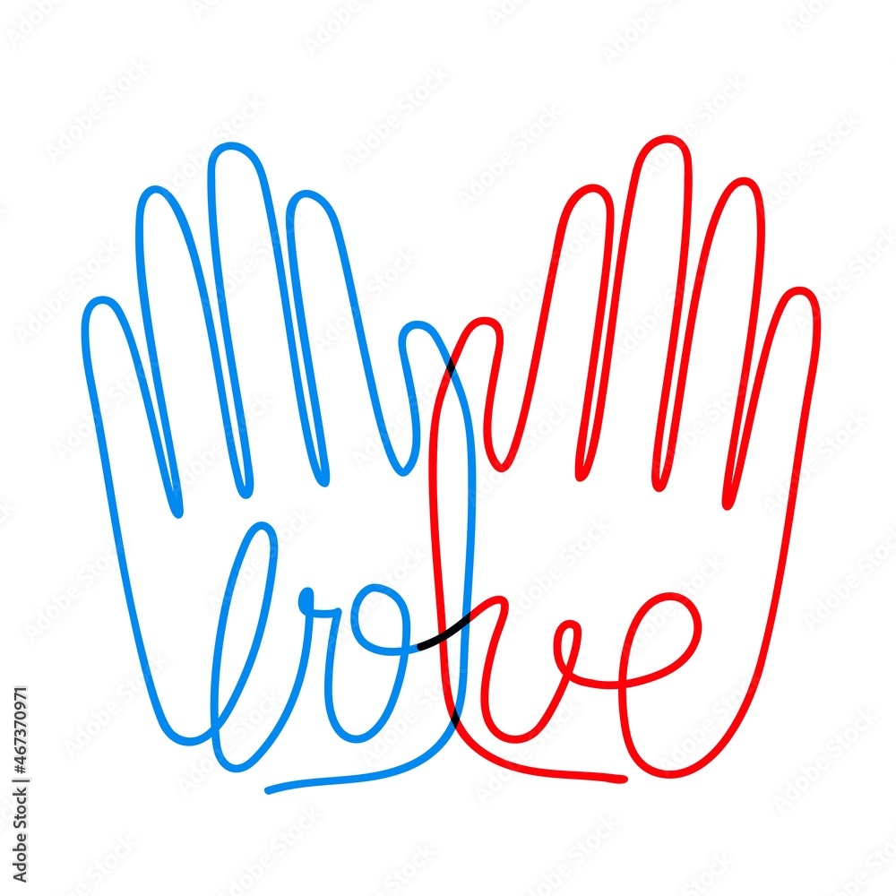 Fototapeta premium Vector illustration with blue and red hands and lettering word Love. Colored typography poster, apparel print design