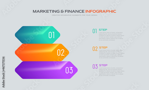 3 Steps Infographic banner. Colorful shapes on grey background. 