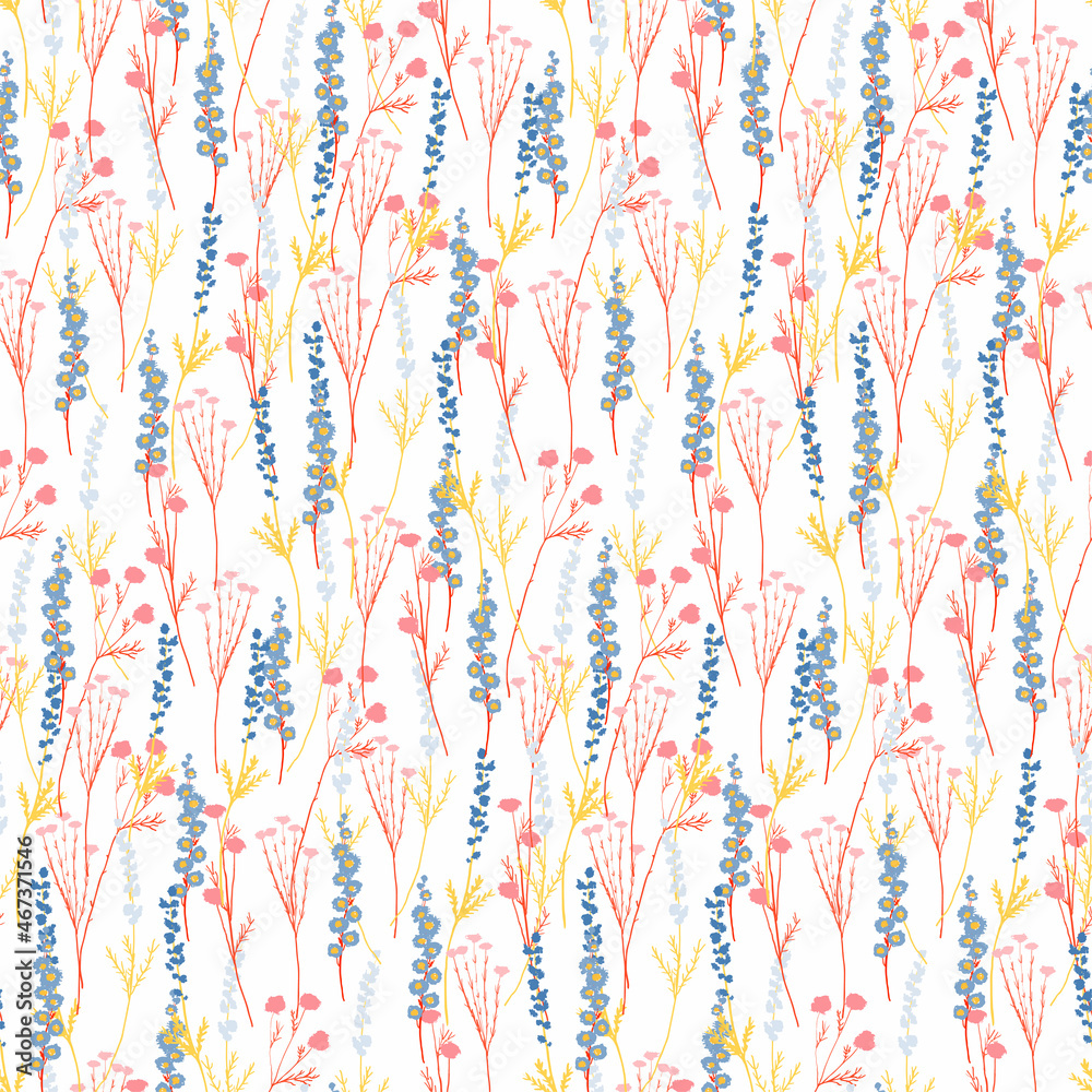 tiny wildflowers seamless pattern. Twigs on a light background