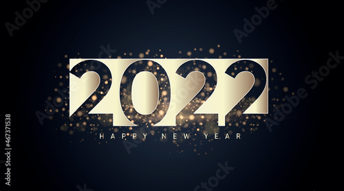 Happy new year 2022. Luxurious white numbers and gold splash. Greeting card design template. Party poster, banner for invitation gold glittering stars confetti glitter decoration. Vector background
