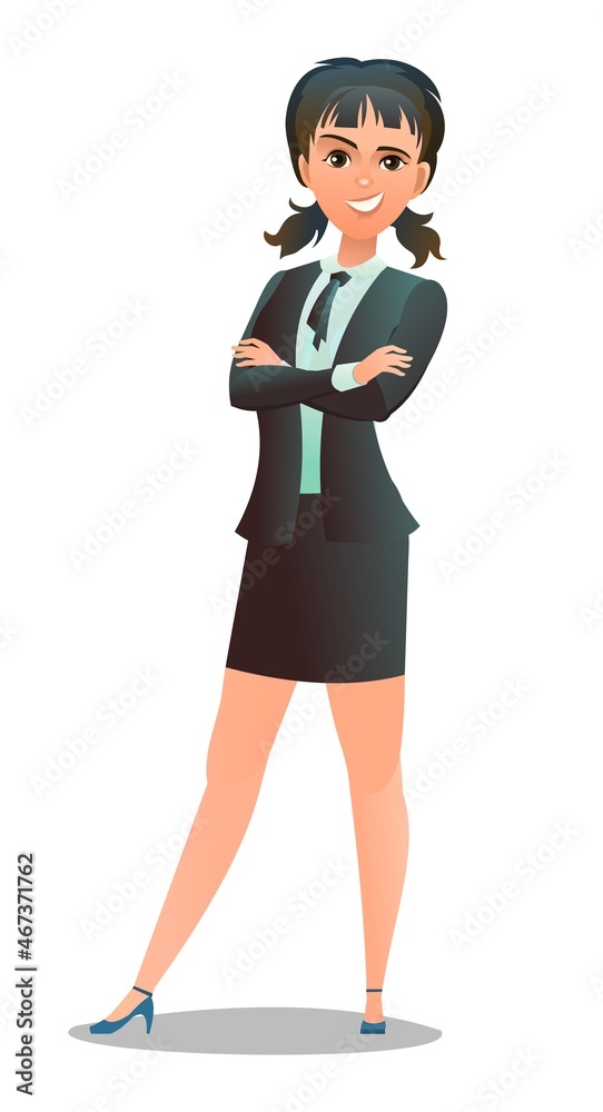 Successful businesswoman. Cheerful persons in standing pose. Woman in business suit and tie. Cartoon comic style flat design. Separate character. Illustration isolated on white background. Vector Successful businesswoman. Cheerful persons in standing pose. Woman in business suit and tie. Cartoon comic style flat design. Separate character. Illustration isolated on white background. Vector