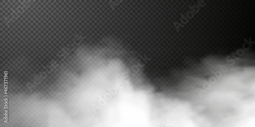 White smoke puff isolated on transparent black background. PNG. Steam explosion special effect. Effective texture of steam, fog, cloud, smoke png. Vector illustration 