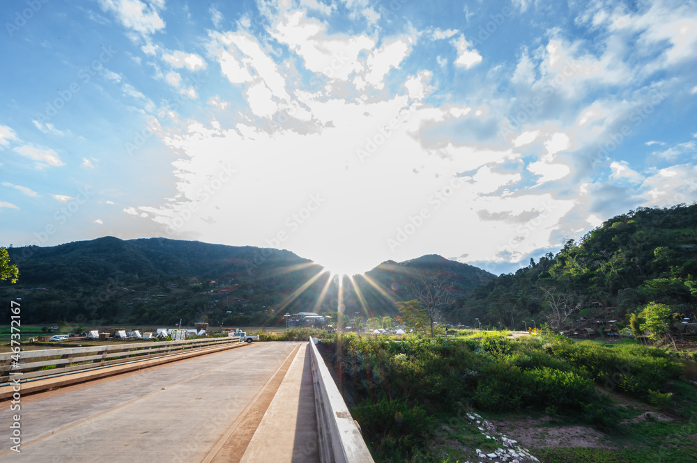 Obraz premium Landscape view of mountains and river of Sapan Village At nan Thailand.Sapan is Small and tranquil Village in the mountain.Thailand destination travel