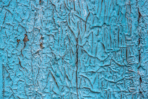 Peeling paint on the wall. Old wall with cracked flaking paint. Weathered rough painted surface with patterns of cracks and peeling. Grunge texture for background and design. High resolution.