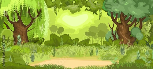 Glade in the green summer forest. Willows and oaks in the grass. Flat cartoon style. Rural landscape with dense thickets and fog. Illustration vector