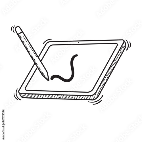Tablet with stylus pen vector in doodle drawing style isolated on white background