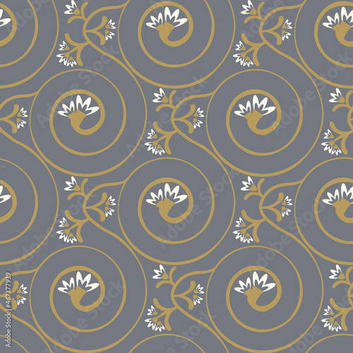 Stylized jasmine spiral vector seamless pattern background. Elegant floral backdrop in gold silver with flowers on spiralling stems. Hand drawn botanical geometric repeat of medicinal healing flower.