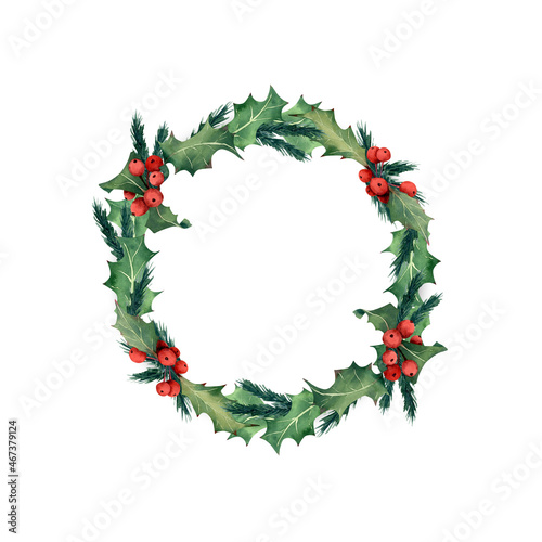 Christmas wreath. Watercolor illustration with holly berries, christmas tree branches in oval, circle border, frame for greeting cards, invitations