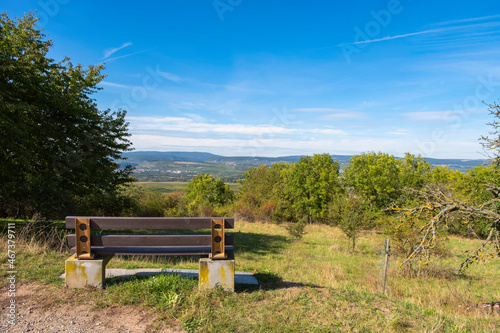 Bench with a view from Rheinhessen to the Rheingau / Germany in early autumn 