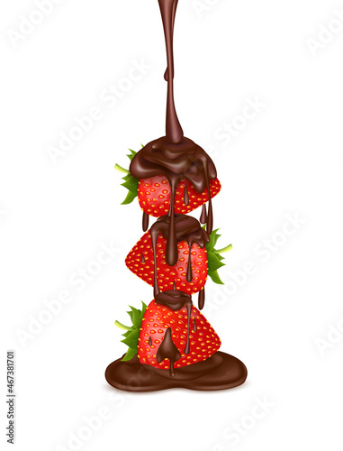 Delicious fresh red strawberry with liquid chocolate. Dessert food appetizer isolated on white background. Realistic 3D vector illustration.