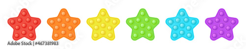Set of popit stars in style a fashionable silicon fidget toys. Addictive antistress toy in bright colors - red, orange, blue, green, yellow, purple. Bubble pop it for kids. Isolated vector