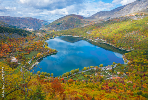 Lake Scanno (L'Aquila, Italy) - When nature is romantic: the heart - shaped lake on the Apennines mountains, in Abruzzo region, central Italy, during the autumn with foliage photo