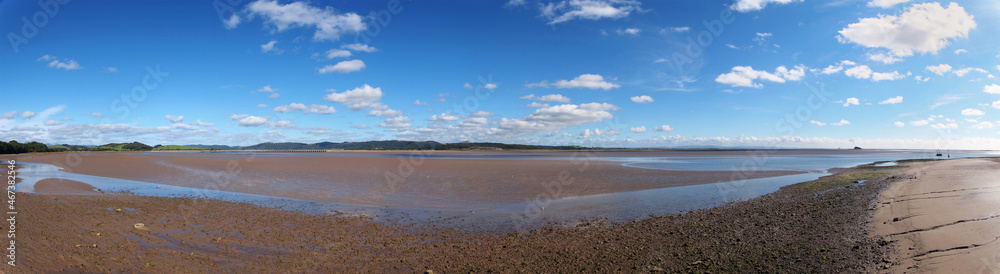 panoramic view of the beach at canal foot in ulverston with a view of the beach a river leven with morecambe bay in the distance