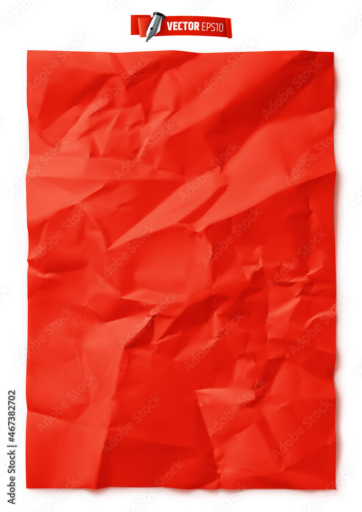 Vector realistic illustration of a red crumpled paper on a white background.
