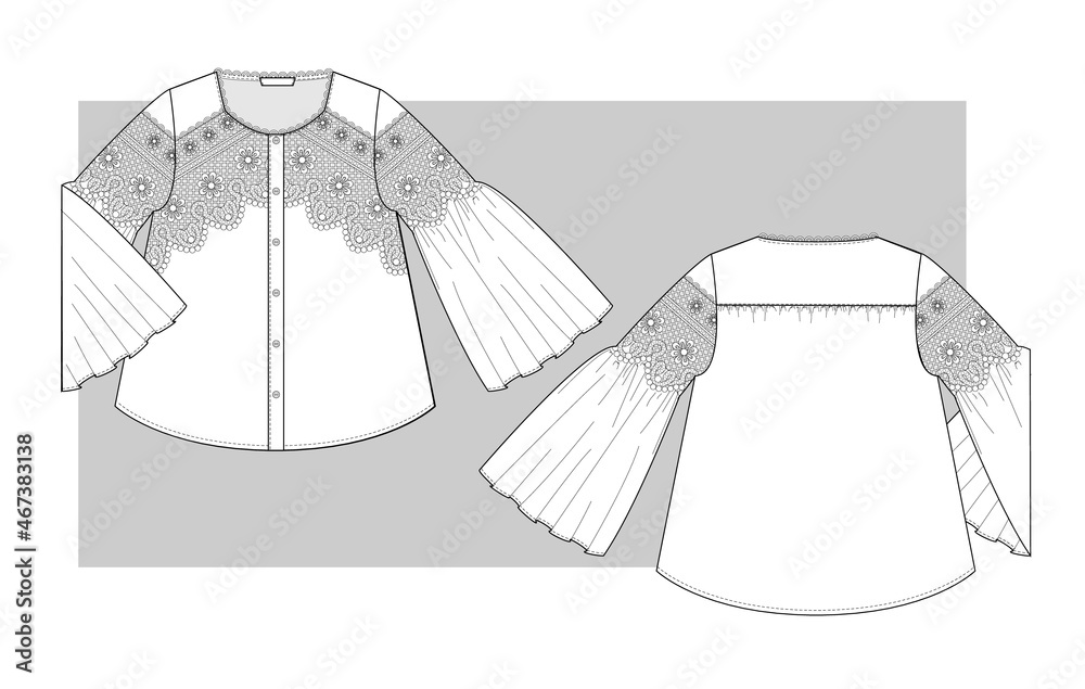 Summer textile Blouse with lace and long bell sleeves. Technical sketch. - obrazy, fototapety, plakaty 