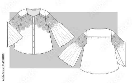 Summer textile Blouse with lace and long bell sleeves. Technical sketch.