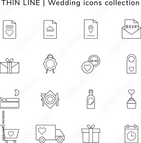 Black and white outline minimalist wedding icon set
