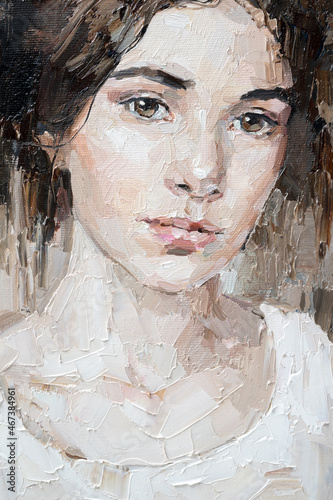 Fototapeta Naklejka Na Ścianę i Meble -  Portrait of a young, dreamy girl with curly brown hair. Palette knife technique of oil painting and brush.