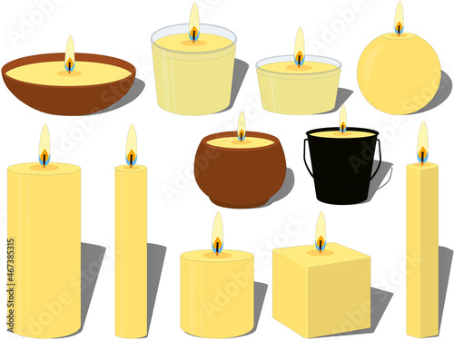 Wax candles different forms and containers collection vector illustration