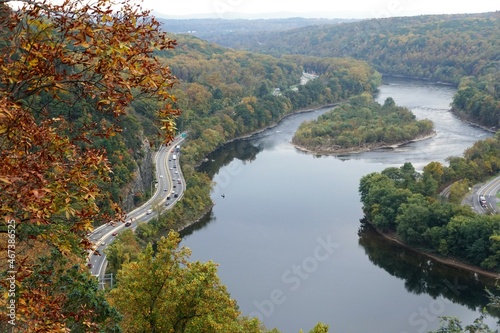 The aerial view of the traffic, , Delaware Water Gap and scenery of fall foliage from the top of Mount Tammany Red Dot Trail near Hardwick Township, New Jersey, U.S.A
