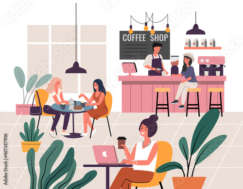 People at coffee shop. Characters Dinning and Working. Cartoon style.