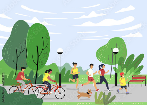 People in city park running and cycling vector. Cartoon characters