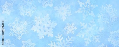 Vector watercolor blue and white texture for cards. Snowflakes. Hand drawn vector texture. Pastel color watercolour banner. Splashes. Christmas background. Template for design. Merry Christmas!