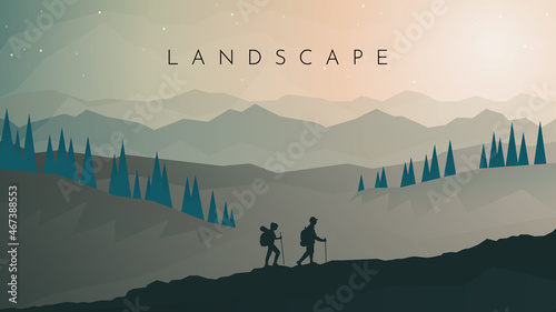 Travel concept of discovering, exploring, observing nature. Hiking tourism. Adventure. A couple climbs the mountains. Teamwork. Vector polygonal landscape illustration. Minimalist flat design