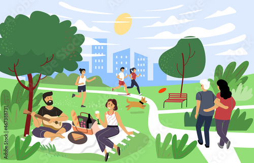 People at park walk leisure outdoor summer time. Cartoon vector characters