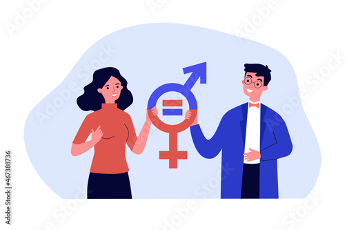 Female and male entrepreneurs with gender equal symbols. Professional parity between men and women flat vector illustration. Gender equality concept for banner, website design or landing web page