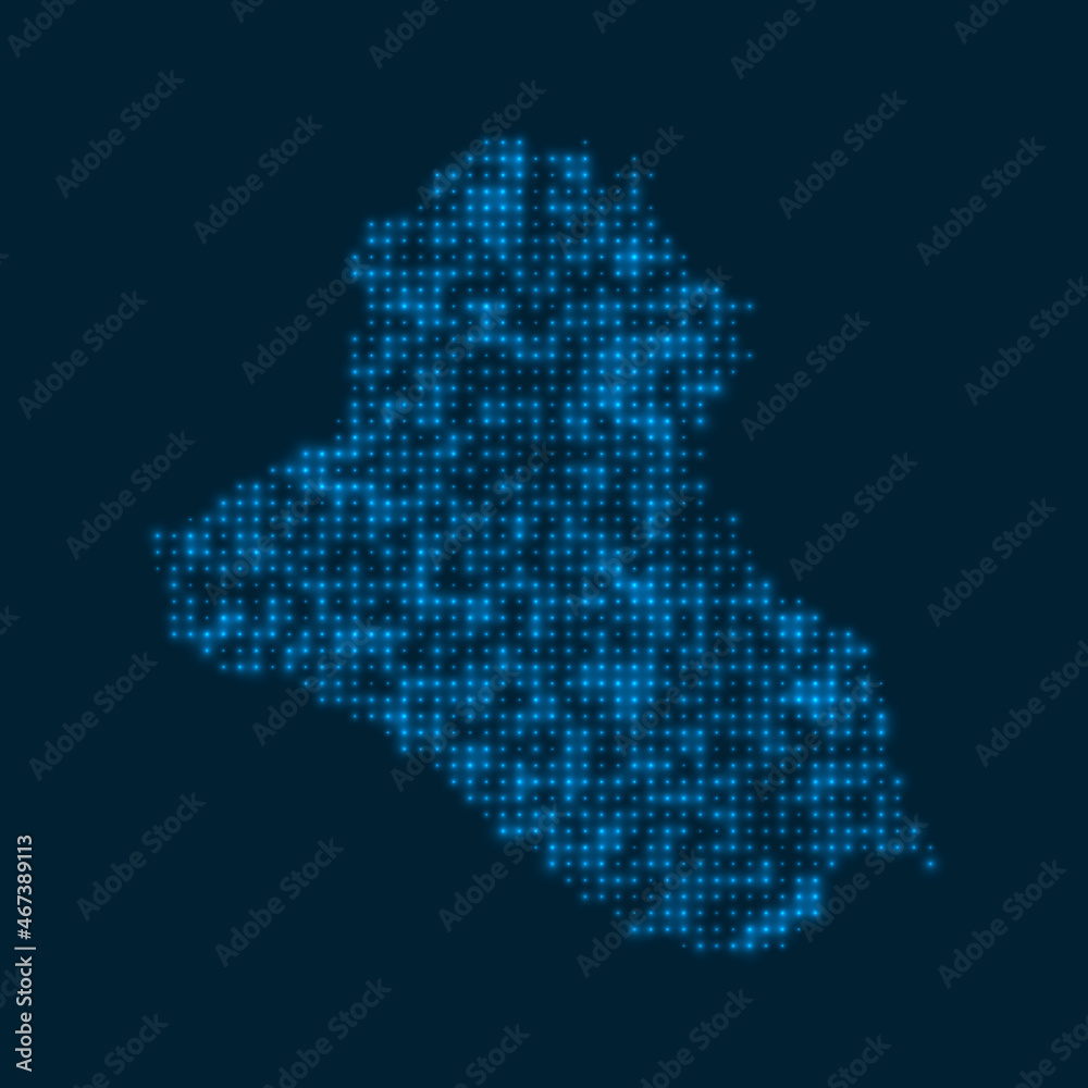 Republic of Iraq dotted glowing map. Shape of the country with blue bright bulbs. Vector illustration.