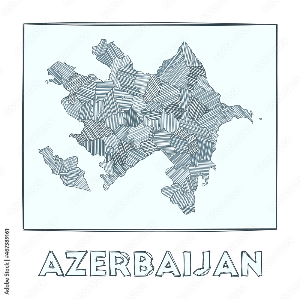 Sketch map of Azerbaijan. Grayscale hand drawn map of the country. Filled regions with hachure stripes. Vector illustration.